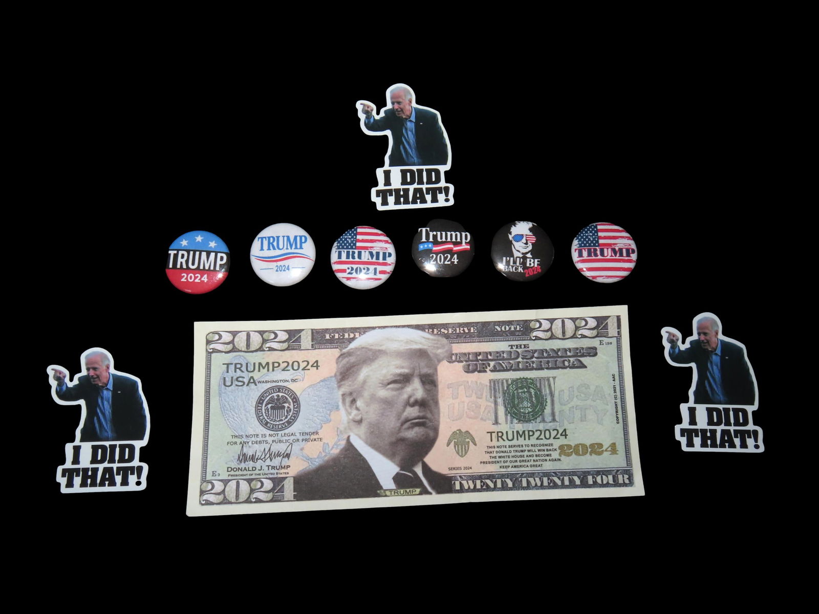 2024 DONALD TRUMP LOT, $20 BILL, PINS & BUTTONS, JOE BIDEN STICKERS, PRESIDENT TRUMP MEMORABELIA (1 of 2)