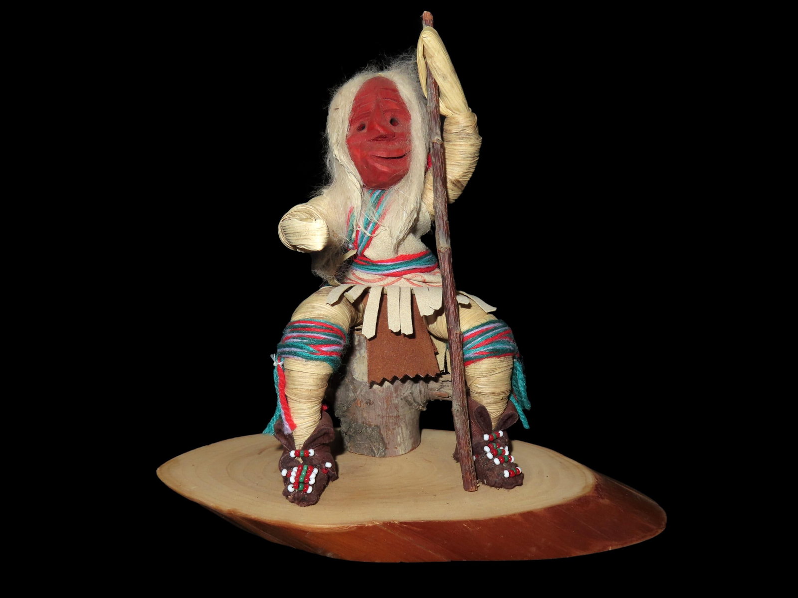 VINTAGE IROQUOIS TOTEM, INDIAN SITTING ON A STUMP WITH DEATH MASK & BEADED MOCCASINS, ALSO INCLUDES (1 of 6)