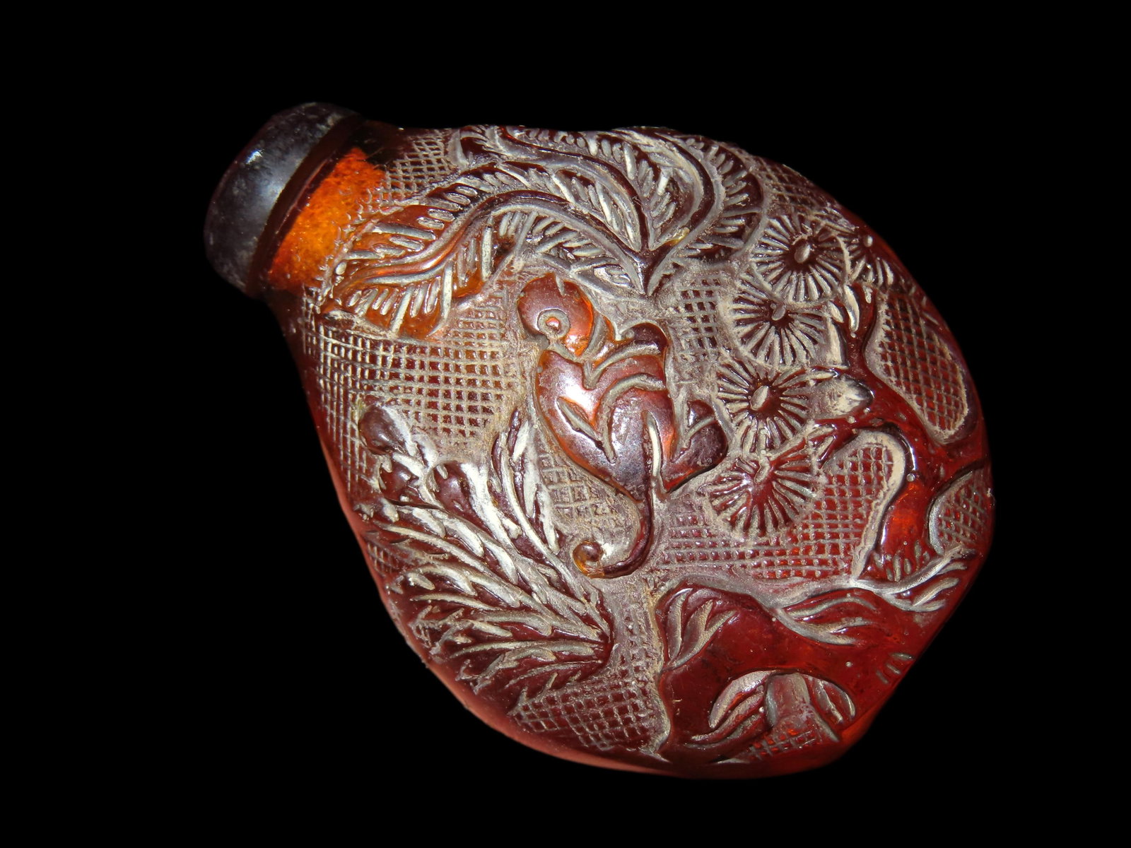 2 1/2" Amber Snuff Bottle,  with stopper, Flowers, Monkey, & Rabbit Motif (1 of 8)
