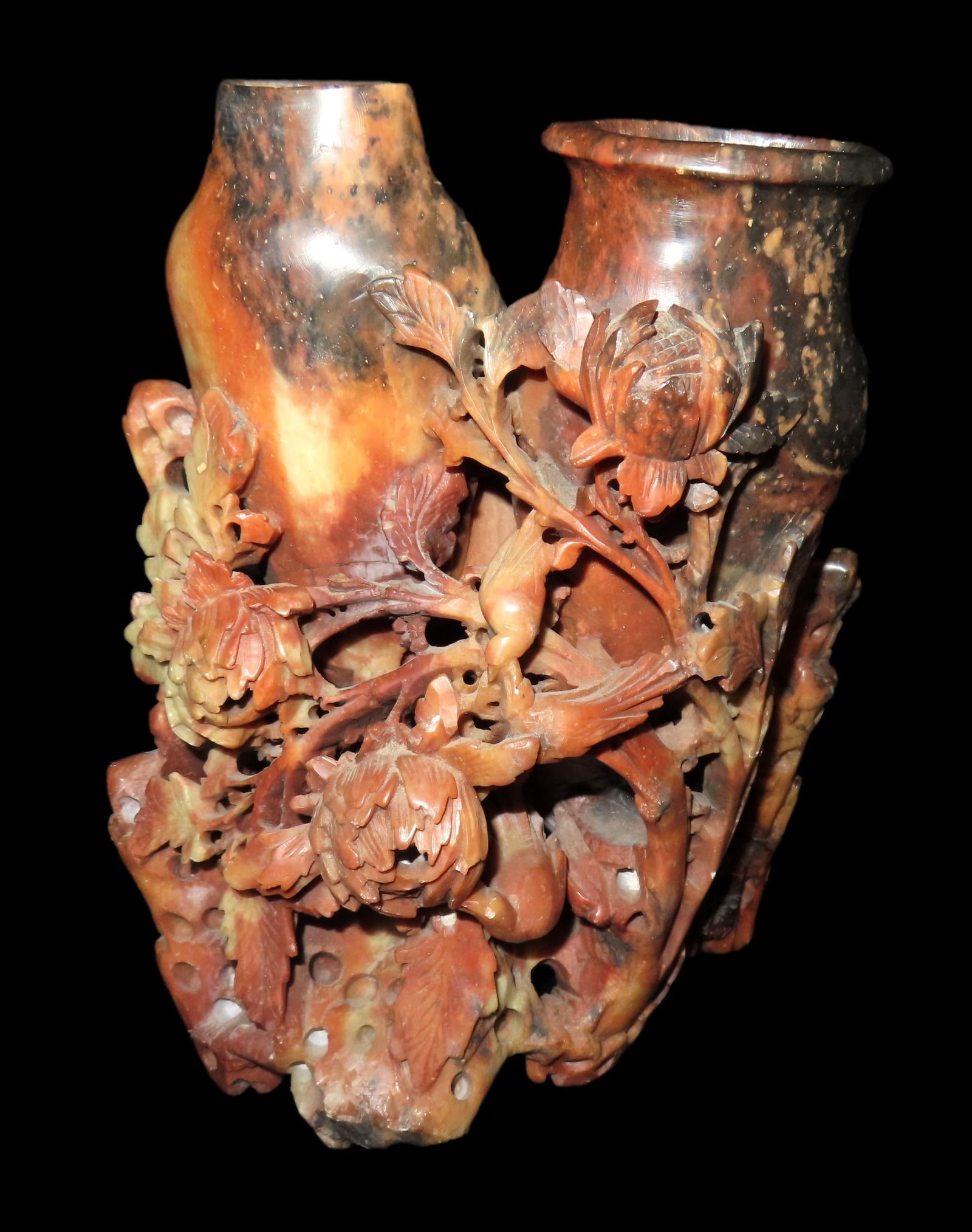 Chinese Hand Carved Soapstone Double Vase 9.5"H 7"W (1 of 5)