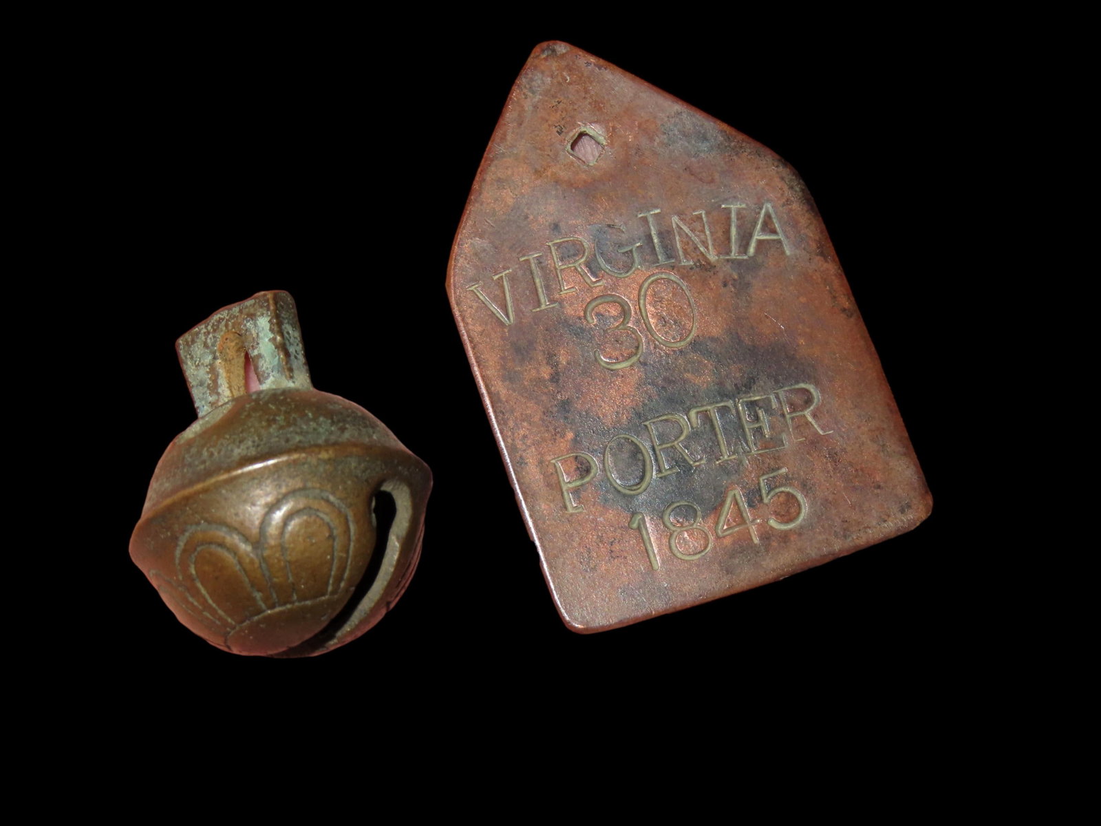 2 1/8" 1845 Virginia Porter Tag and Bell: 2 1/8" 1845 Virginia Porter Tag and Bell