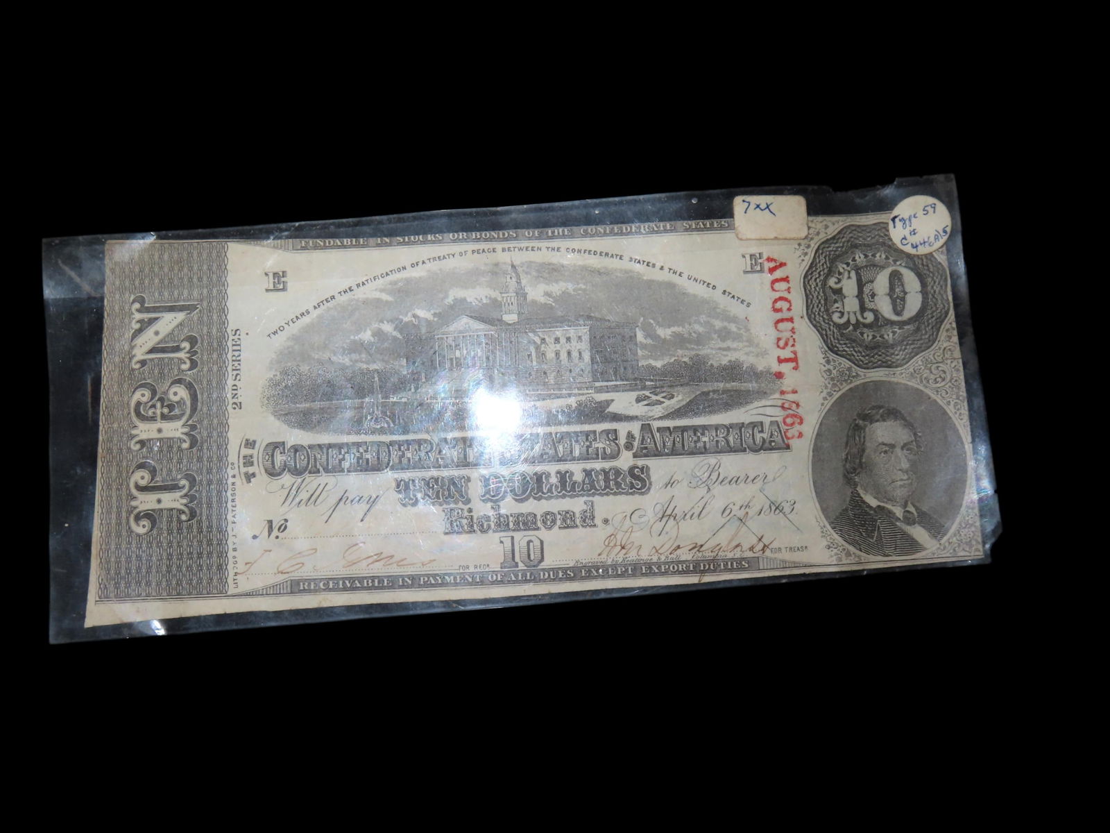 Confederate States of America $10 Currency, Ex Johnathan Johns Collection (1 of 3)