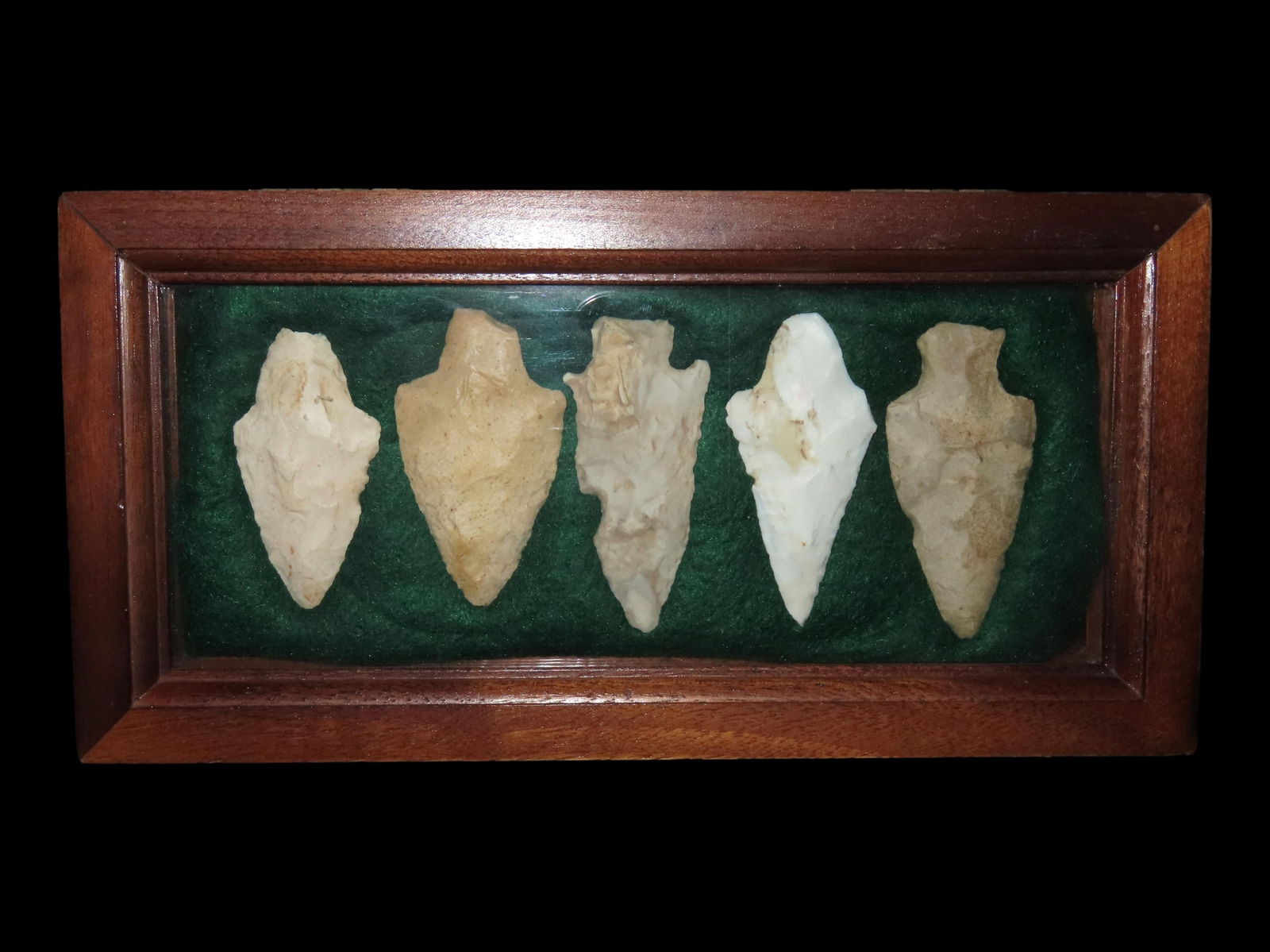 Walnut Frame with 5 Woodland Archaic Arrowheads Found by Ronald Kooken Family, Ralls Co. Missouri (1 of 2)