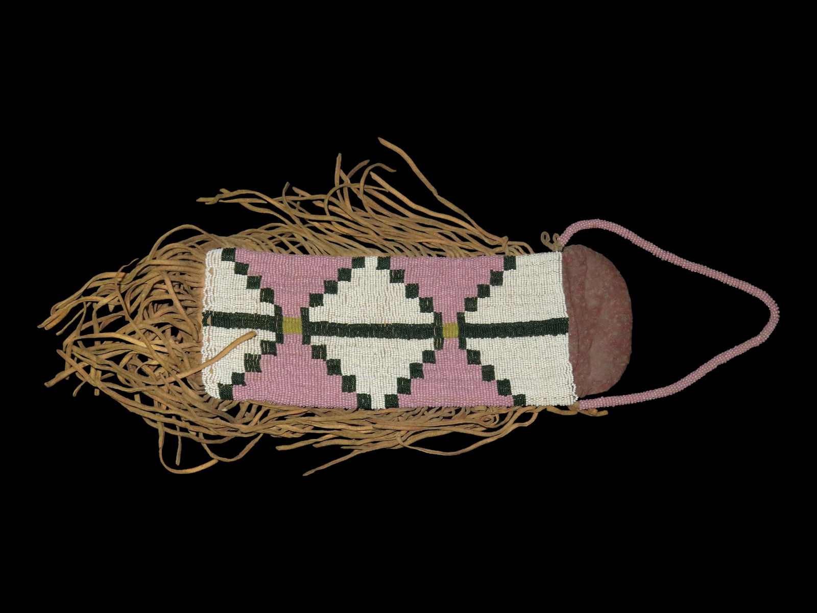 10" x 4" Beaded Strike-a-Light Bag, Pink and White with Fringe and Floral Material Lining (1 of 3)