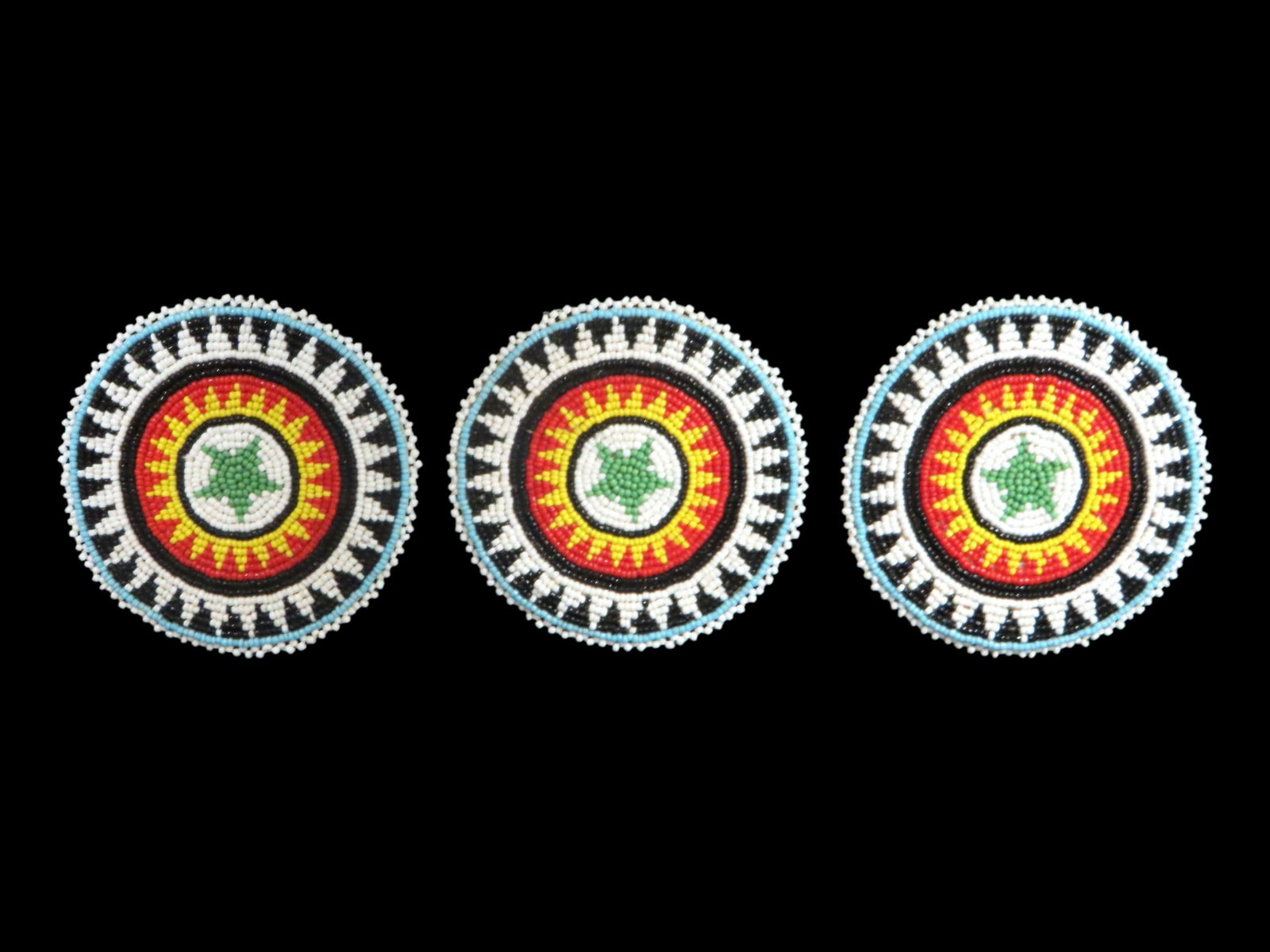 Grouping of 3 Beaded Rosettes, 4" Diameter, once owned by Bob Hamm- Old West Gun Spinning Twirler an: Grouping of 3 Beaded Rosettes, 4" Diameter, once owned by Bob Hamm- Old West Gun Spinning Twirler and Blade Thrower- and used in his exhibitions across the country.Robert "Bob" Hamm (1941-2022) was a