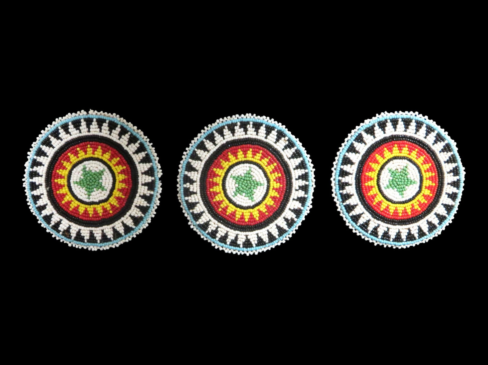 Grouping of 3 Beaded Rosettes, 4" Diameter, once owned by Bob Hamm- Old West Gun Spinning Twirler an: Grouping of 3 Beaded Rosettes, 4" Diameter, once owned by Bob Hamm- Old West Gun Spinning Twirler and Blade Thrower- and used in his exhibitions across the country.Robert "Bob" Hamm (1941-2022) was a