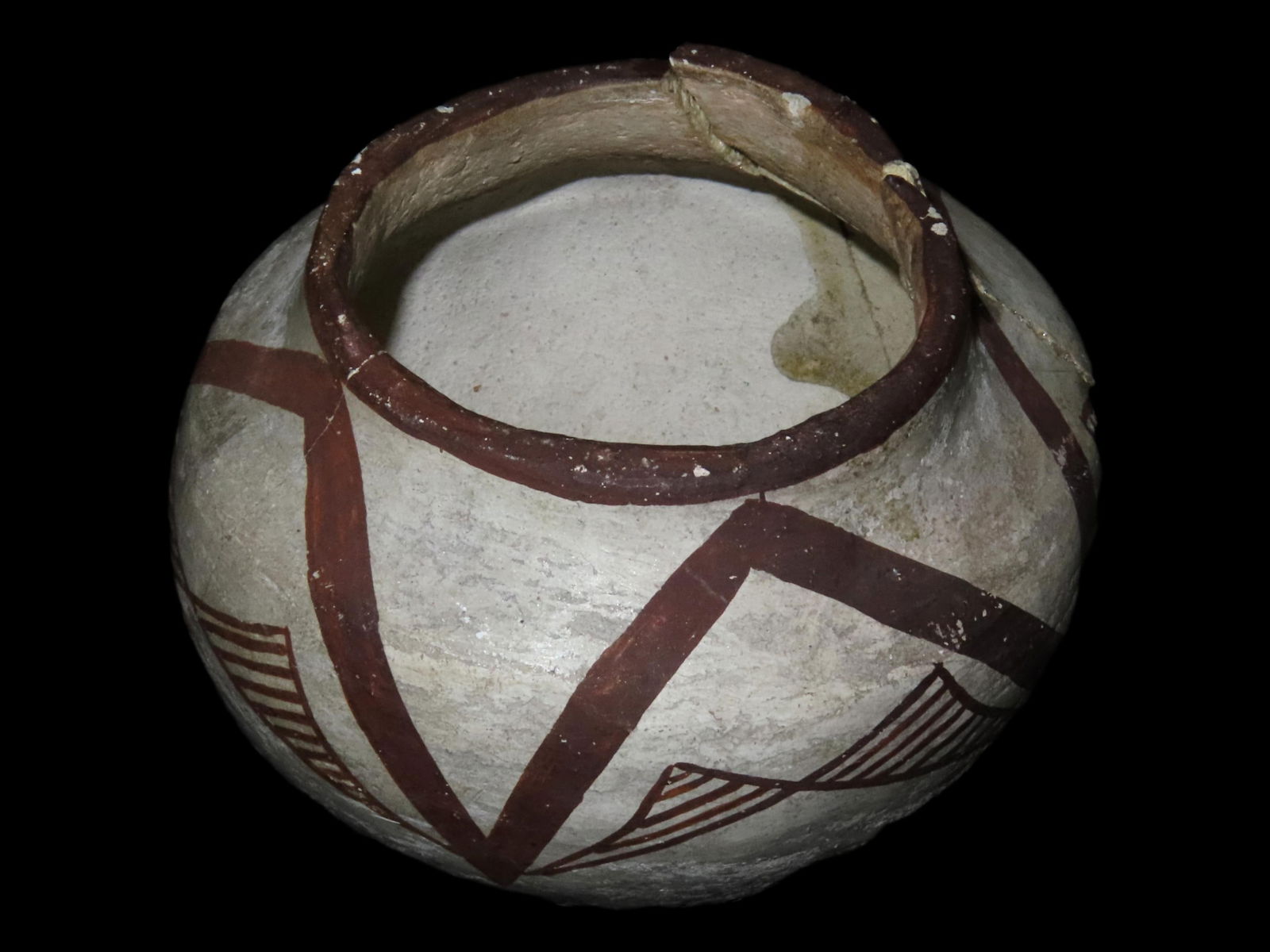 2 1/4" Tall Painted Pottery Vessel, Broken and Reglued: 2 1/4" Tall Painted Pottery Vessel, Broken and Reglued