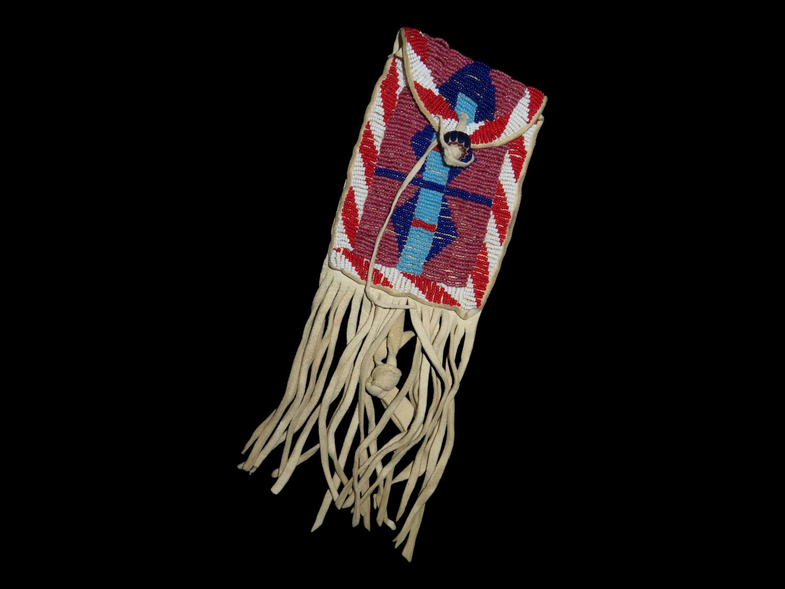 HISTORIC BEADED POUCH / PIPE BAG, 1800'S - 1900'S ERA WITH A GREAT CHEVRON BEAD AS THE CLASP TO TIE (1 of 4)