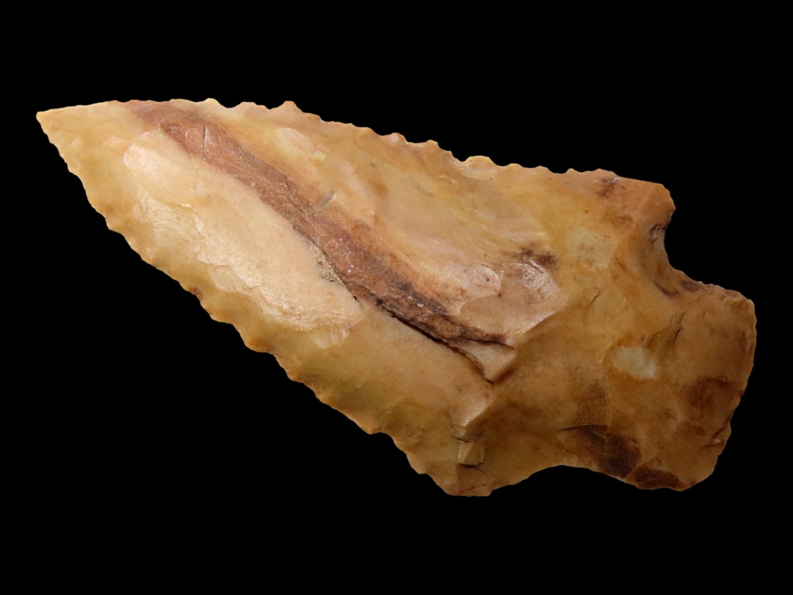 NICE 2 7/8" SERRATED FLORIDA KIRK STEMMED, DEEP SOUTH ARROWHEAD. BEAUTIFUL WATER STAINED ORANGE (1 of 4)