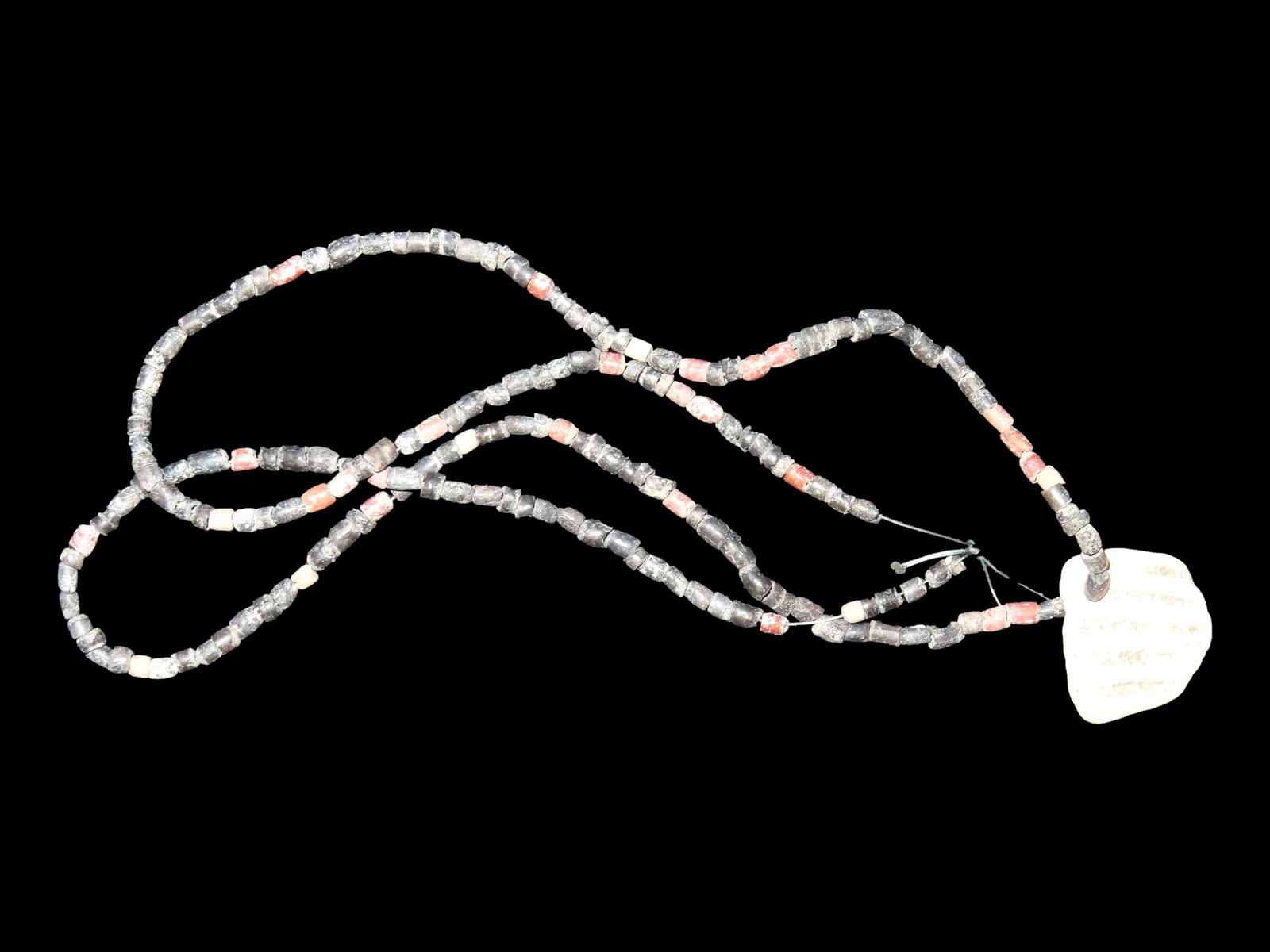 25" PRE-COLUMBIAN NECKLACE WITH DRILLED SHELL PENDANT, BEAUTIFUL RED, BLACK, AND TAN BEADS (1 of 4)