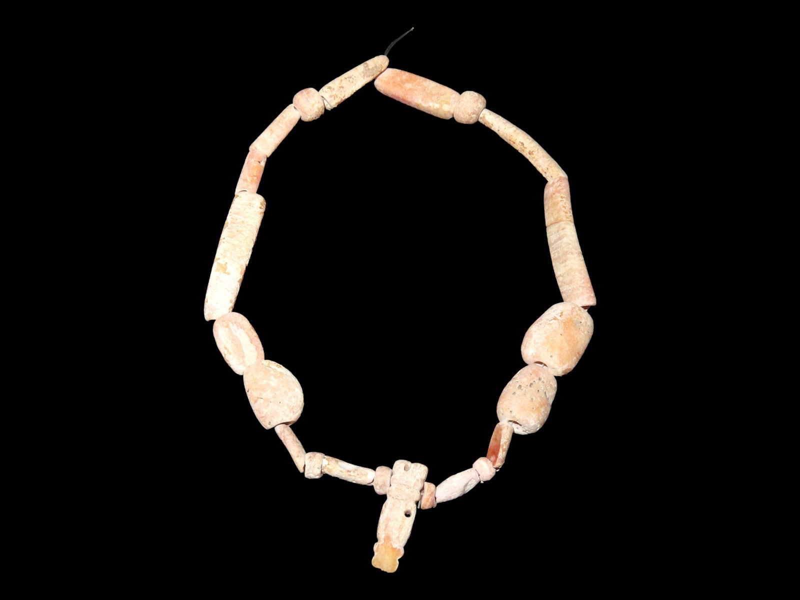 AMAZING PRE-COLUMBIAN ENGRAVED SHELL EFFIGY PENDANT AND SHELL BEAD NECKLACE, MEXICO, LONG DRILLED (1 of 2)
