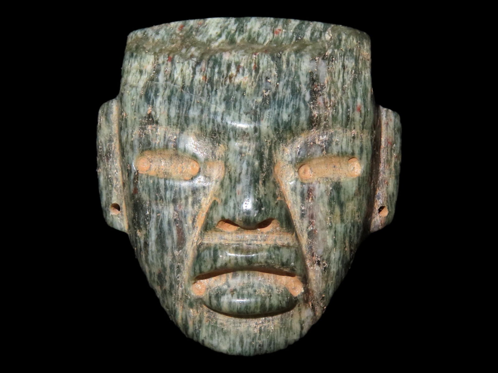 OUTSTANDING MINI JADE OLMEC MASK, MOTLEY COA, MEXICO, VERY DETAILED EXAMPLE, NICELY SHAPED & HIGHLY (1 of 5)