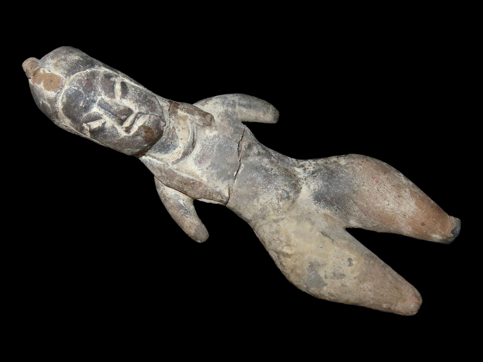 5 3/8" PRE-COLUMBIAN HUMAN EFFIGY FIGURE, MEXICO, BROKEN AND GLUED, NICELY DETAILED FEATURES, HEAVY (1 of 4)