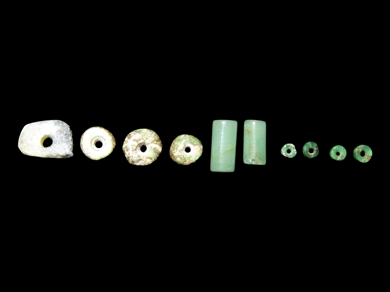 LOT OF 10 MAYAN JADE BEADS, MANY ARE TRANSLUCENT, HIGHLY POLISHED EXAMPLES, NICE VARIOUS SHADES OF (1 of 2)