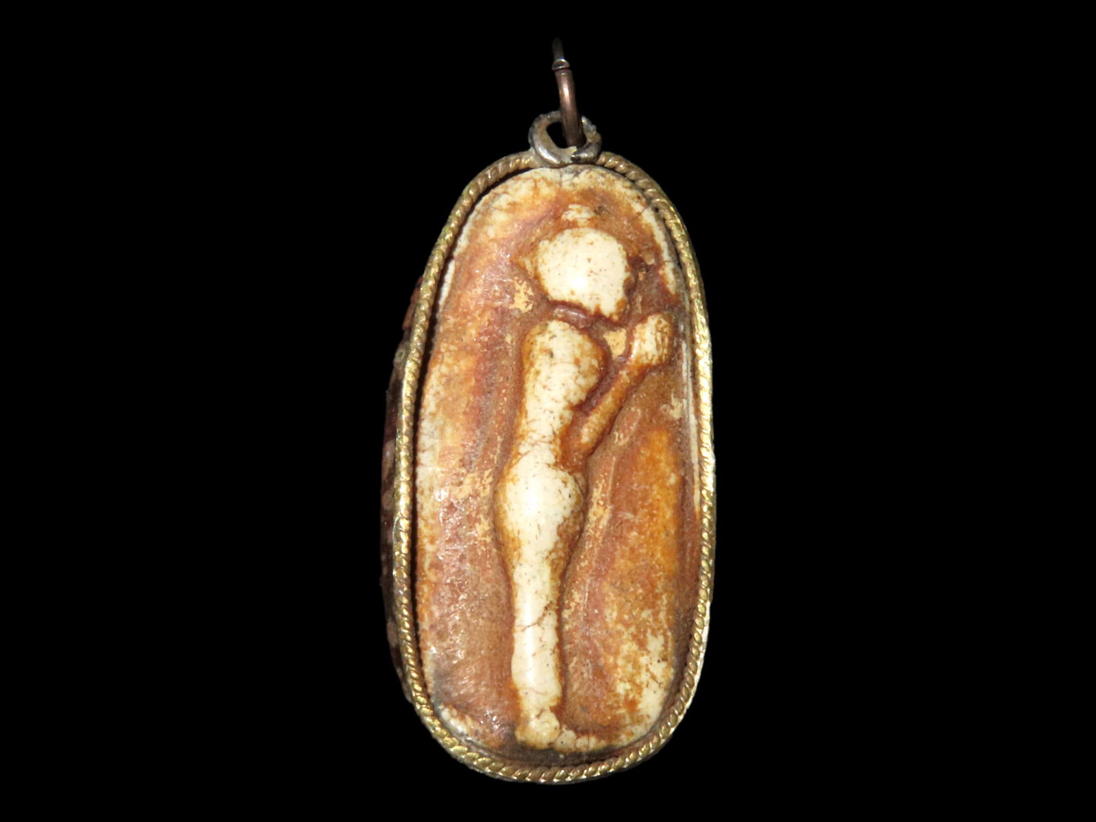 ANTIQUE CHINESE CARVED STONE RELIGIOUS BUDDHA PENDANT, WRAPPED IN BRONZE BEZEL, GREAT VINTAGE PIECE (1 of 4)