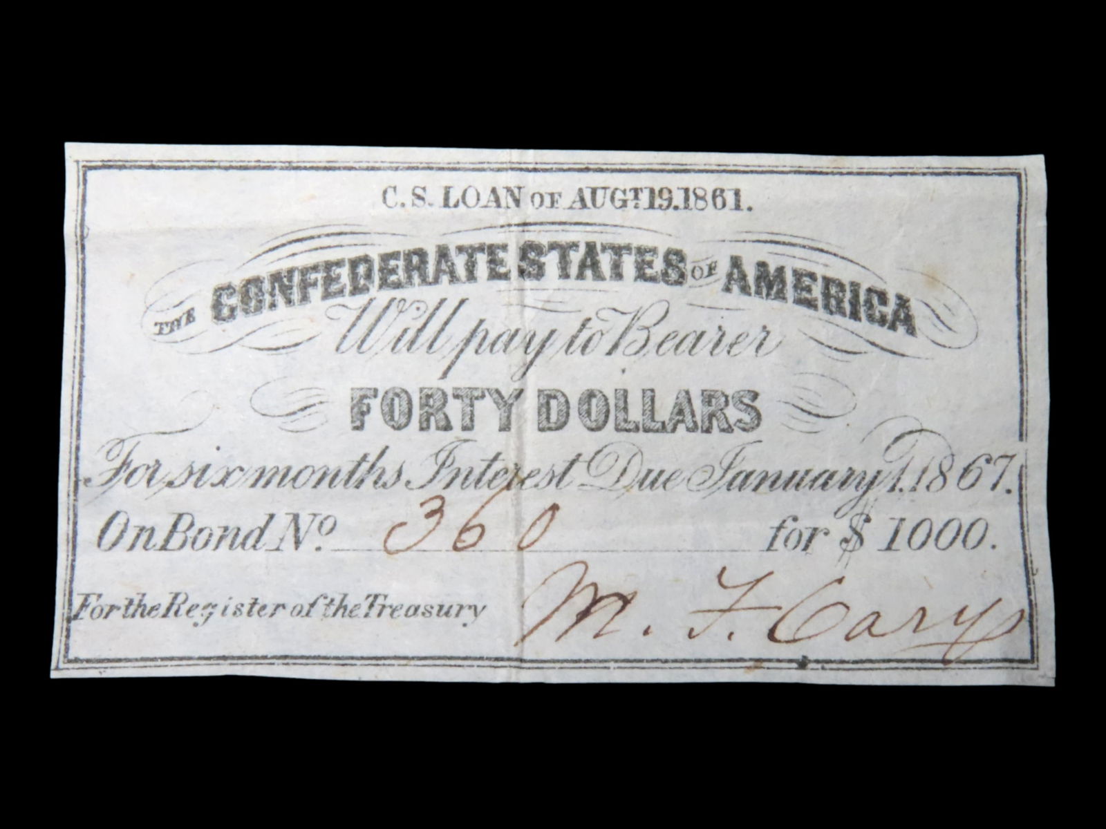 CIVIL WAR CONFEDERATE CURRENCY $40 BOND NOTE, DATED JANUARY 1ST, 1861, GREAT PIECE OF AMERICAN (1 of 3)