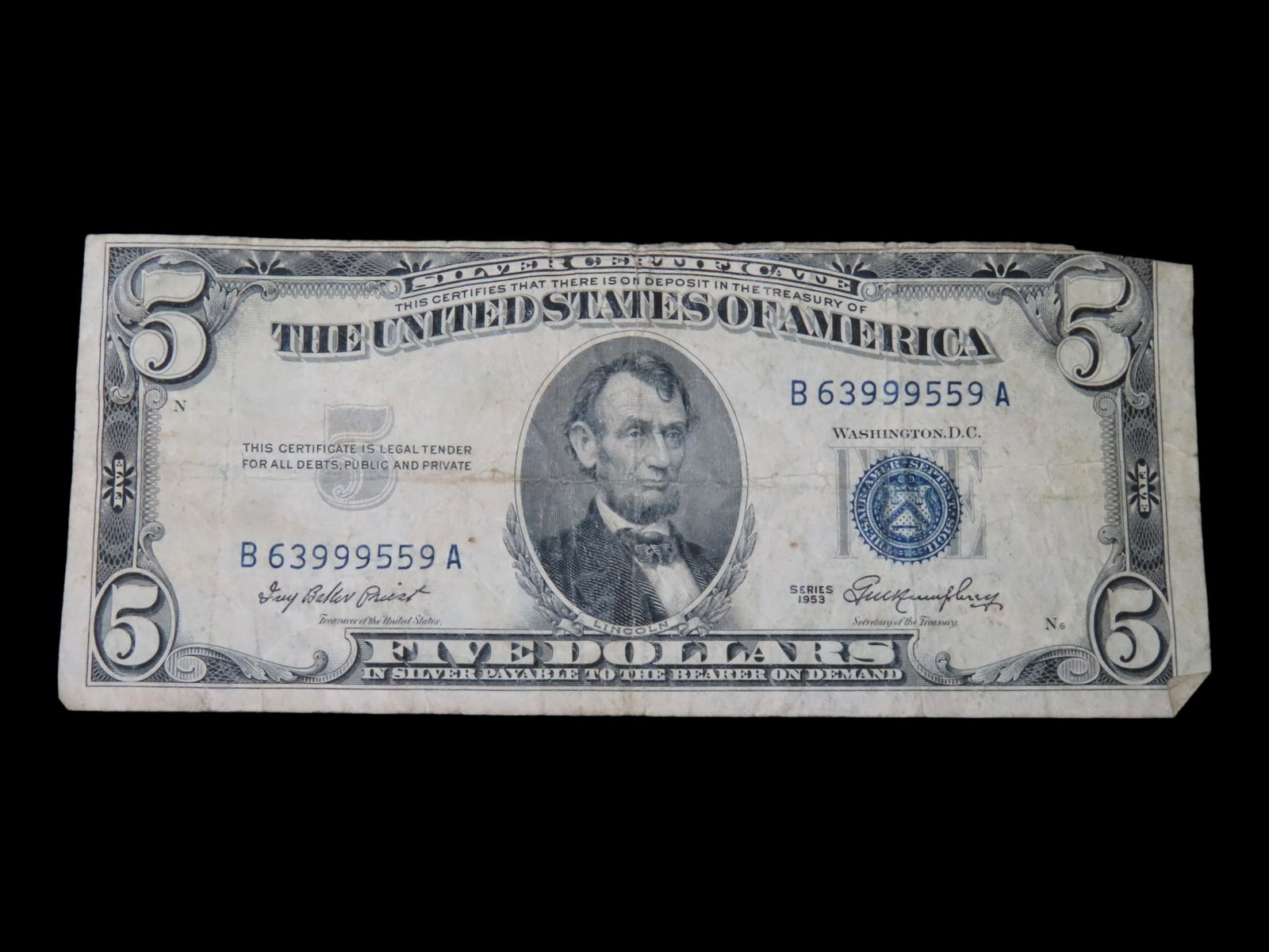 EARLY US $5 SILVER CERTIFICATE BLUE SEAL FROM 1953, GREAT CRISPY CONDITION, FIVE DOLLAR UNITED (1 of 3)