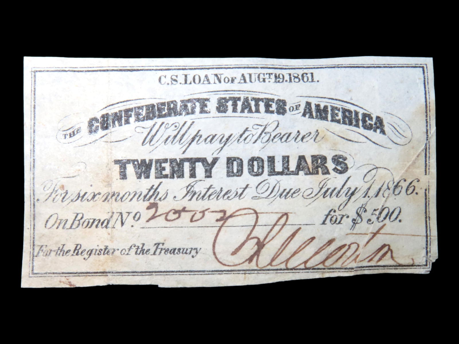 CIVIL WAR CONFEDERATE CURRENCY $20 BOND NOTE, DATED AUGUST 19, 1861, GREAT PIECE OF AMERICAN HISTORY (1 of 3)