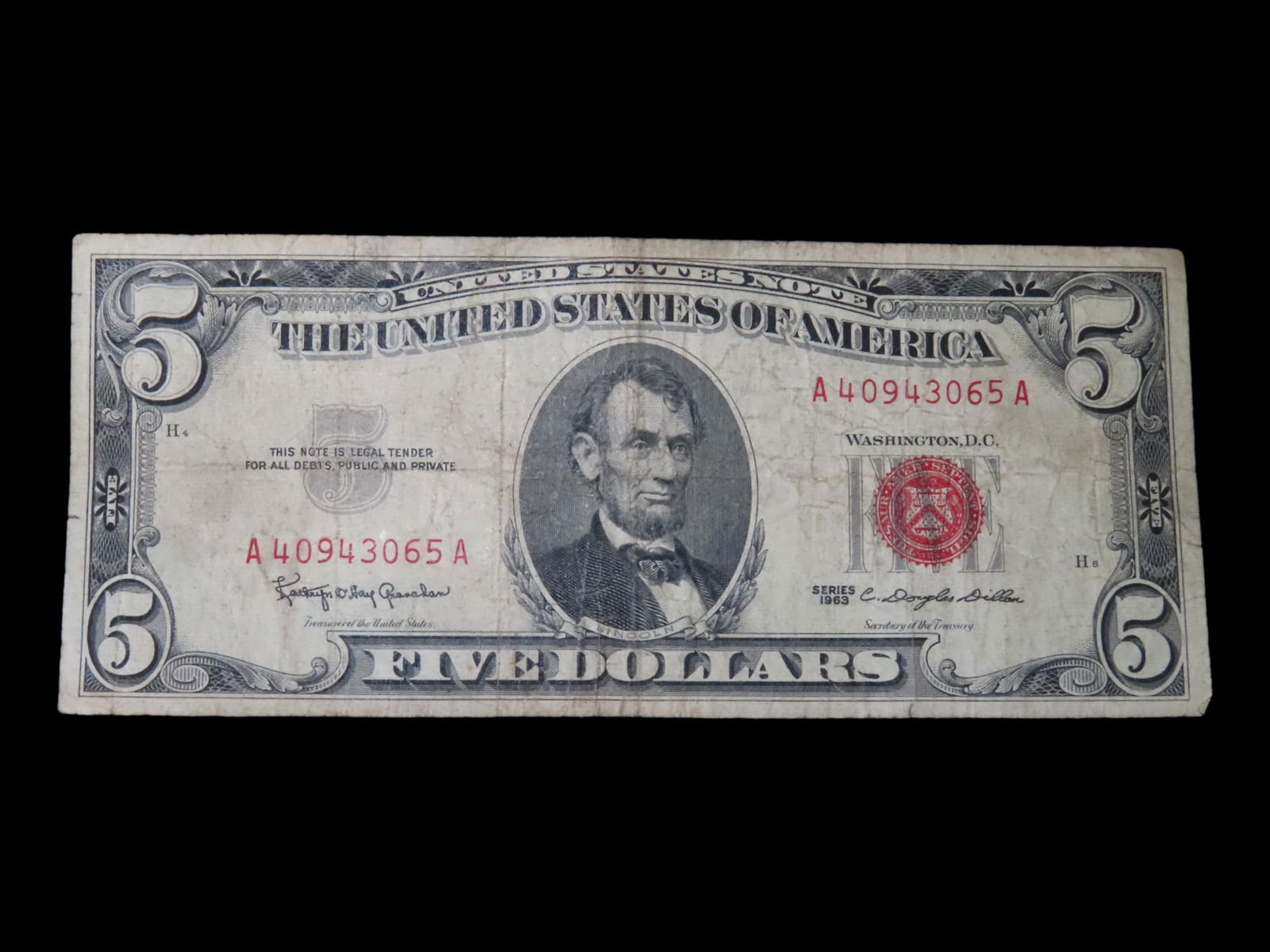 EARLY $5 DOLLAR SILVER CERTIFICATE RED SEAL FROM 1963, SERIES C, NICE CRISPY EXAMPLE, HARDER TO FIND (1 of 3)