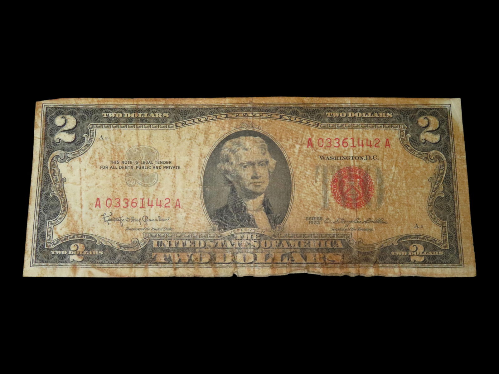 1963 RED SEAL TWO $2 DOLLAR BILL, EARLY OBSOLETE NOTE, U.S. CURRENCY, THOMAS JEFFERSON (1 of 3)