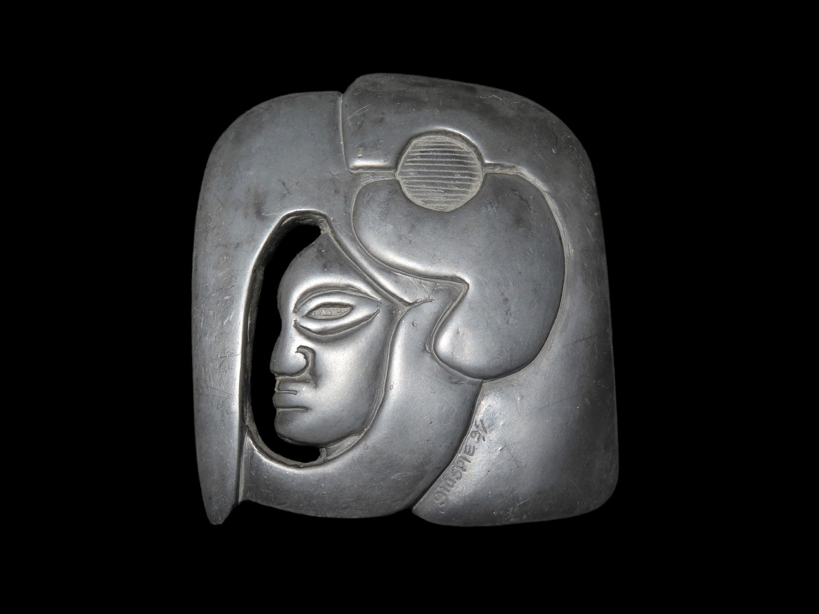 4 3/4" Mayan Artwork, Signed Glaspie 1996, Mayan Hatcha head of El Baul (Cotzumalhuapa) Culture Ball (1 of 4)