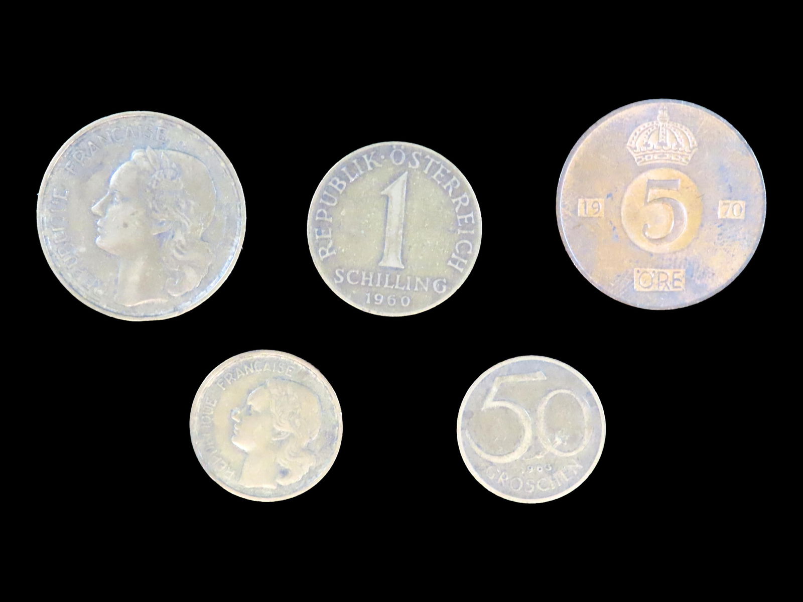 Lot of 5 Coins, 50 Francs 1950-1958, Sweden 5 ore 1952 - 1971,Austria 1 schilling 1959-2001,France