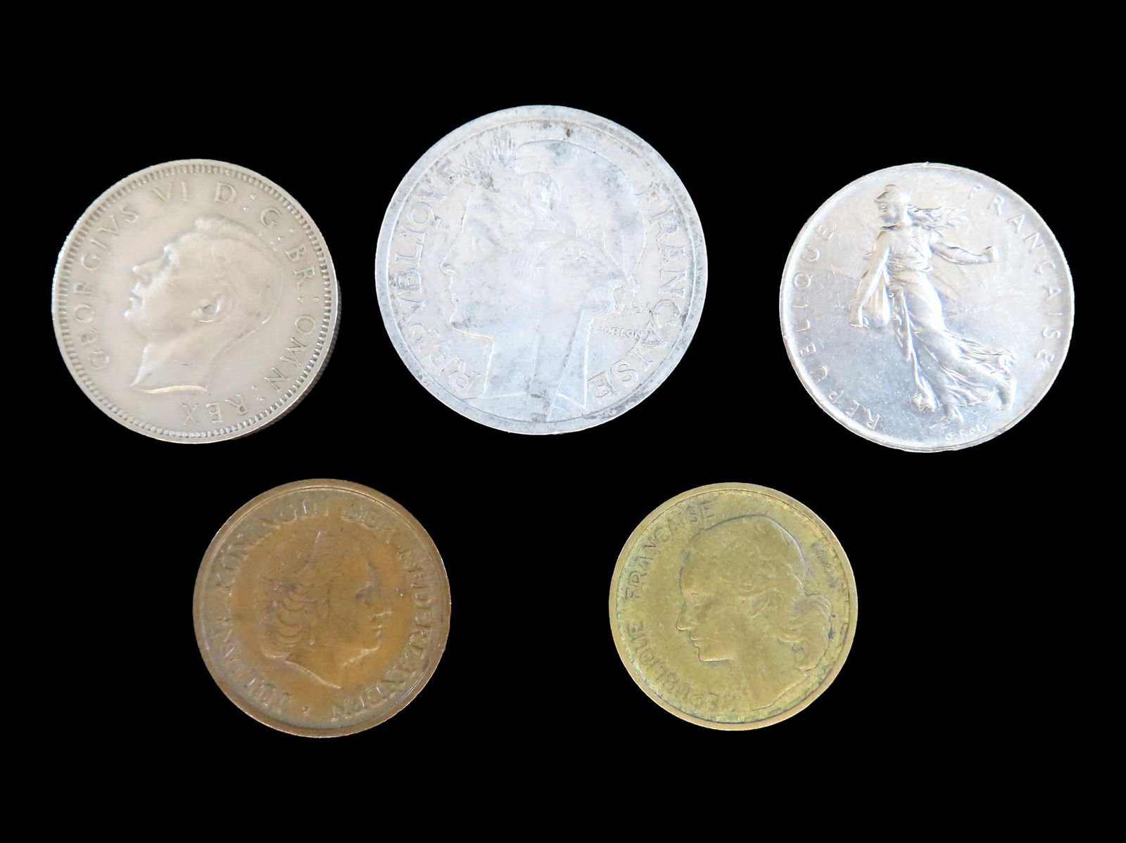 Lot of 5 coins France 2 francs 1931-1959, France 1 franc 1960-2001, United Kingdom 1 shilling (1 of 2)