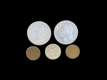 Lot of 5 Coins, France 5 francs 1933-1952, France 5 francs 1933-1952, Luxembourg 1 franc 1952-1964,