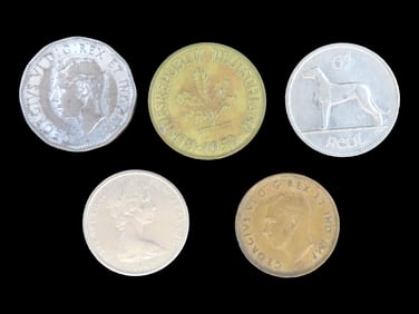 Lot of 5 Coins, Canada 5 cents 1943-1945, Germany 10 pfenning 1950-2001, Ireland 6 pence 1928-1935,