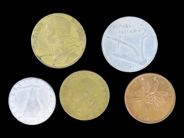 Lot of 5 Coins, Italy 10 lire 1951-2001, Italy 5 lire 1951-2001, Jamaica 1 cent 1969-1971, Italy 20