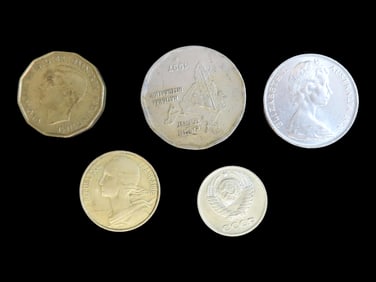 Lot of 5 Coins, United Kingdom 3 pence, Nickel-Brass/yellow color/1937-1948, India 2 rupees,