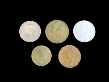 Lot of 5 Coins, Canada 5 cents 1942-1947, Austtai 50 groschen 1959-2001, Greece 1 drachma 1966-1970,