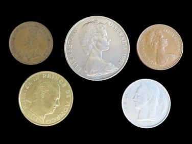 Lot of 5 Coins, Australia 20 cents 1966-1984, Belgium 1 franc, Legend in Dutch- BELGIE 1950-1988,