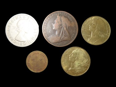 Lot of 5 Coins, France 50 centimes 1952-1964, Germany 5 pfennig 1950-2001, United Kingdom 2