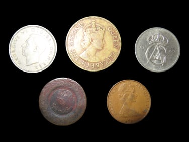 Lot of 5 Coins, Jamaica 1 penny 1953-1963, Iran 5000 dinars 1913-1925, Sweden 50 ore 1962-1973,
