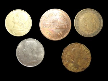 Lot of 5 Coins, Belgium 1 franc, Legend in French- BELGIQUE 1950-1988, France 10 cntimes 1962-2001,