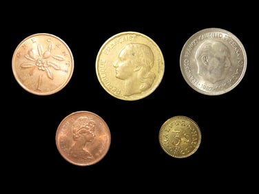 Lot of 5 Coins, France 20 francs 1950-1954, Spain 5 pesetas 1957, Canada 1 cent, 100th Anniversary