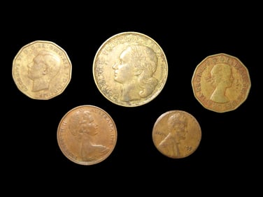 Lots of 5 Coins, France 50 francs 1950-1958, Australia 2 cents 1966-1984, USA 1 cent, Lincoln Wheat