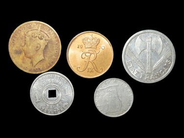 Lot of 5 Coins, Jamaica 1 penny 1938-1947, Australia 2 dollars, 100th Anniversary-Vegemite.100 Mitey