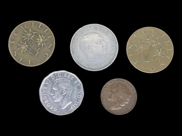 Lot of 5 Coins, Canada 5 cents 1942-1947, Netherlands 1 cent 1948, Austria 1 schilling 1959-2001,