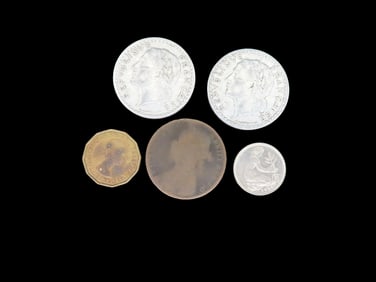 Lot of 5 Coins, France 5 francs 1933-1952, United kingdom 1 penny, Bronze/brown color/1874-1894,