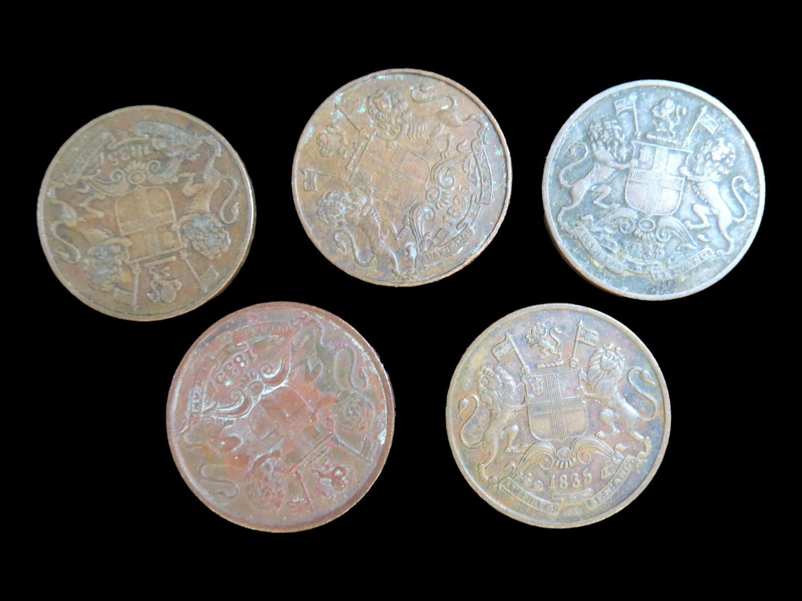 Lot of 5 Coins, India British 1/4 anna 1835, India British 12/4 anna 1835, India British 1/4 anna (1 of 2)