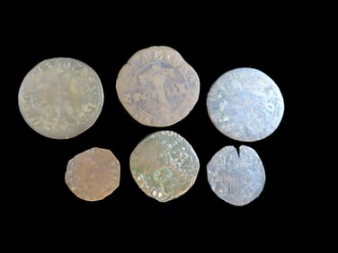 Lot of 6 Coins Russian Empire 1 denga 1704-1712, Mysore 20 cash 1833-1843, Lucca 2 soldi 1717-1790,