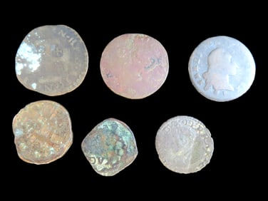 Lot of 6 Coins Russian Empire 1 denga 1704-1717, Naples 9 cavalli 1626-1630, Savoy 10 soldi