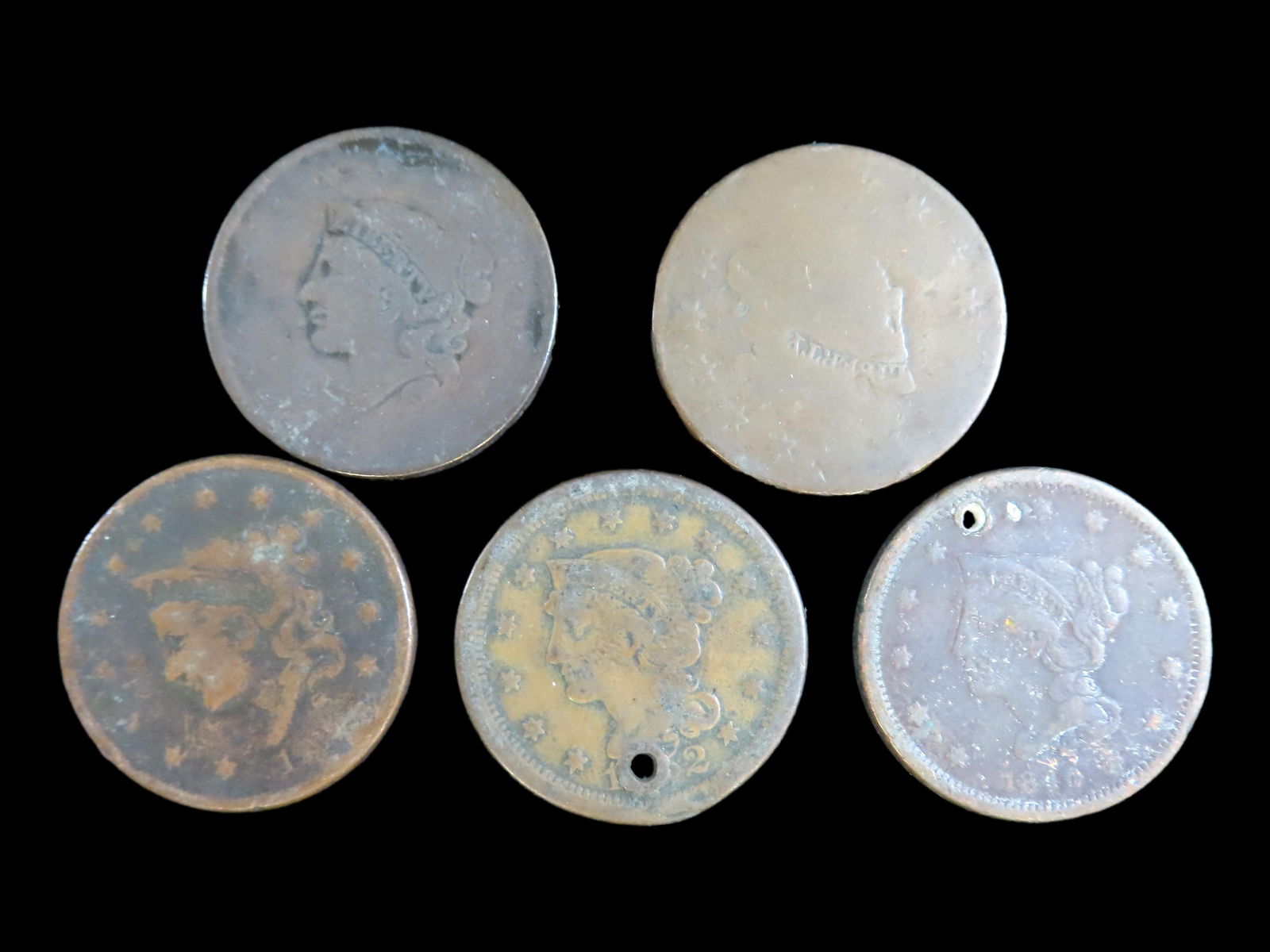 Lot of 5 Coins, USA 1 cent 1816-1839, USA 1 cent, Liberty Head Cent 1840-1857, USA 1 cent 1816-1839, (1 of 2)