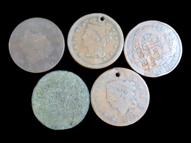 Lot of 5 Coins, Canadian provinces 1/2 penny, Bank of Montreal 1842-1844, USA 1 cent 1816-1839, USA