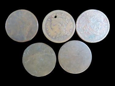 Lot of 5 Coins, USA 5 cents, Liberty Nickel 1883-1912, USA 1 cent, Liberty Head Cent 1840-1857, USA