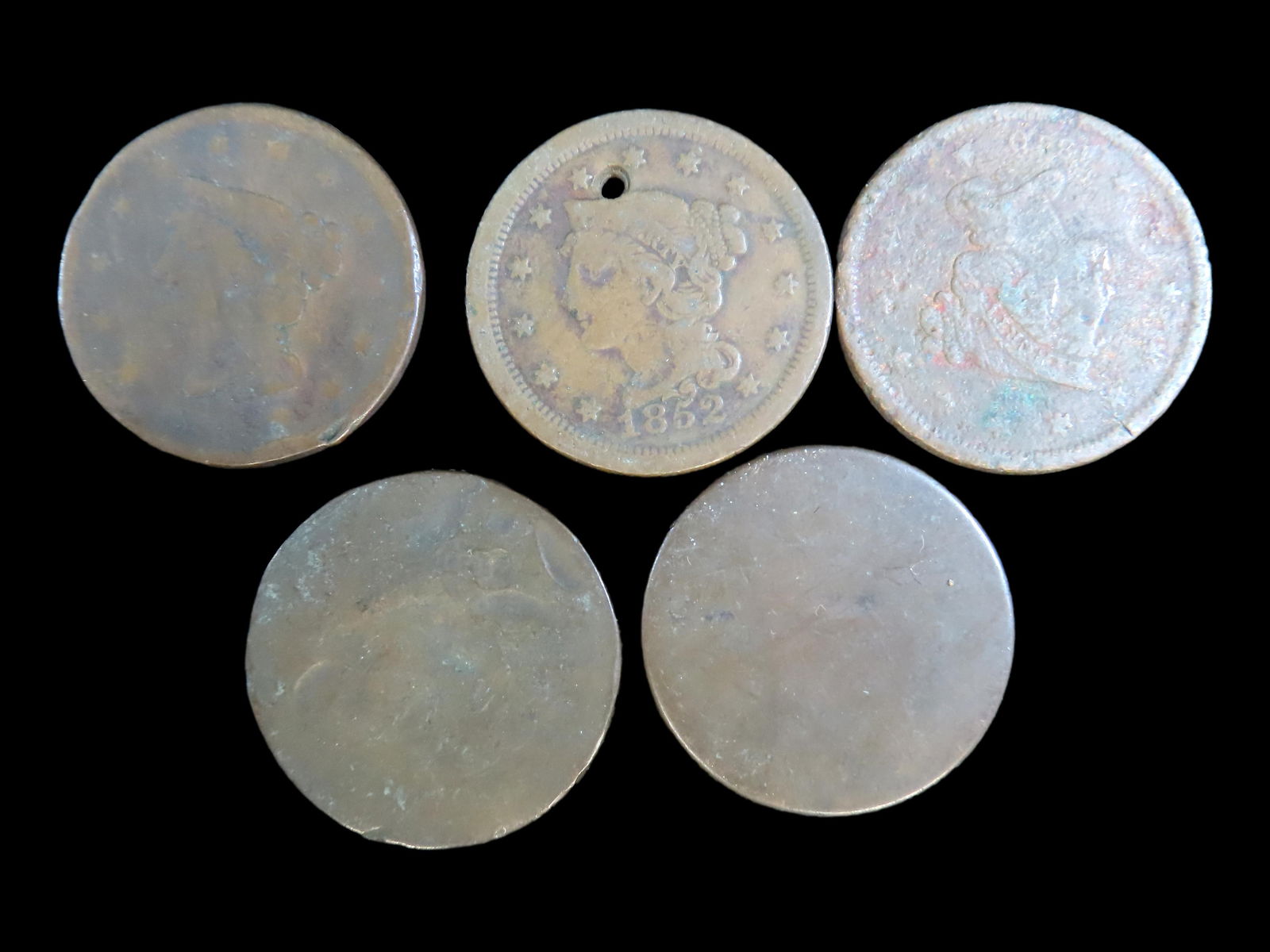 Lot of 5 Coins, USA 5 cents, Liberty Nickel 1883-1912, USA 1 cent, Liberty Head Cent 1840-1857, USA (1 of 2)