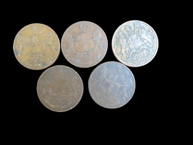 Lot of 5 Coins, India-British 1/4 anna 1835, India-Britsh 1/4 anna 1857-1858, India-Britsh 1/4 anna
