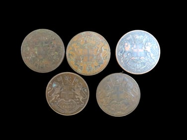 Lot of 5 Coins, India-Britsh 1/4 anna 1835, India-Britsh 1/4 anna 1835, India-British 1/4 anna 1835,